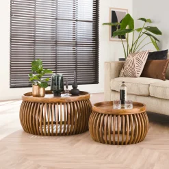 LifestyleFurn Ronde Salontafel Twiggy Mangohout, Set van 2 stuks Massief mango zandkleur