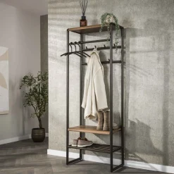 Best LifestyleFurn Staande Kapstok Karalynn Met haken en roede, Eikenlook en staal Drift brown