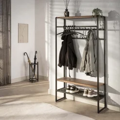 Best LifestyleFurn Staande Kapstok Karalynn Met haken en roede, Eikenlook en staal Drift brown