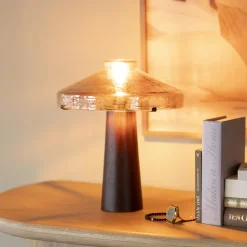 Hot By-Boo Tafellamp Dome Hout en glas, 35cm hoog Bruin