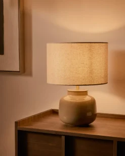 Discount Kave Home Tafellamp Tay Keramiek en linnen, 40cm Groen