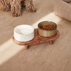 Online Kave Home Voerbak Dumbi Set van 2 stuks, Keramiek, Met houten standaard Naturel