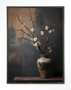 New Urban Cotton Wandkleed Dark Blossom Vase in maat en frame naar keuze