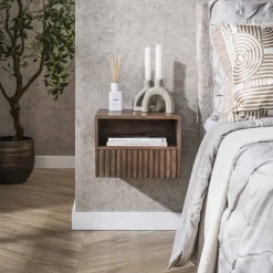 New LifestyleFurn Zwevend Nachtkastje Alania Met 1 lade en open vak, Acaciahout Massief acacia bruin