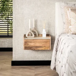 Best LifestyleFurn Zwevend Nachtkastje Beckie Mangohout en travertinlook, Met 1 lade Massief mango zandkleur