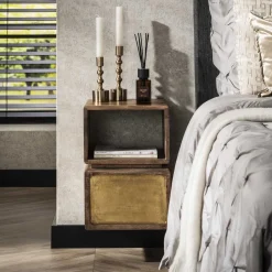 Sale LifestyleFurn Zwevend Nachtkastje Renée Mangohout en brass, 42 x 30cm Massief mango zwart