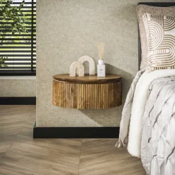 Clearance LifestyleFurn Zwevend Rond Nachtkastje Sharmila Mangohout, Met 1 lade Massief mango zandkleur